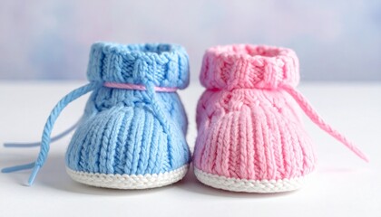 Knitted baby booties in pink and blue with bows on soft blue background and fluffy white clouds.