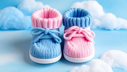 Knitted baby booties in pink and blue with bows on soft blue background and fluffy white clouds.