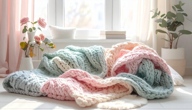 Stack of pastel cable-knit blankets with pom-poms on white surface, cozy room with soft pink curtains.