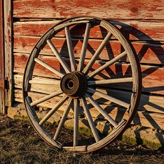 Rustic Wooden Wagon Wheel Leaning Against Weathered Red Barn Wall in Golden Sunlight.
