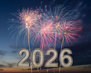 2026 year celebration with colorful fireworks exploding in a twilight sky new year