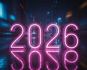 Neon pink 2026 numbers glowing in a futuristic cyberpunk city at night with reflections
