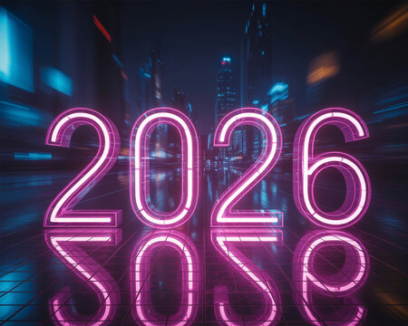 Neon pink 2026 numbers glowing in a futuristic cyberpunk city at night with reflections