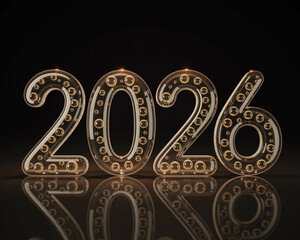 Transparent glass numbers 2026 filled with champagne bubbles and reflecting on a dark surface