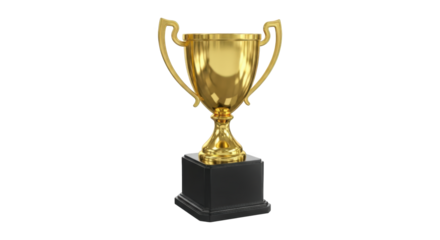 Golden trophy cup with black square pedestal on transparent background symbolizing success achievement and winning