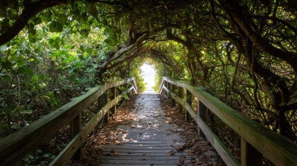 A wooden walkway shaded by trees beneath an arching canopy creates natural frames leading into bright white light.