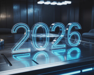 Transparent glowing blue neon digits 2026 projected above metallic futuristic platform