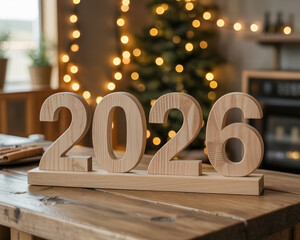 Wooden numbers 2026 on a rustic table with a blurred Christmas tree and lights new year