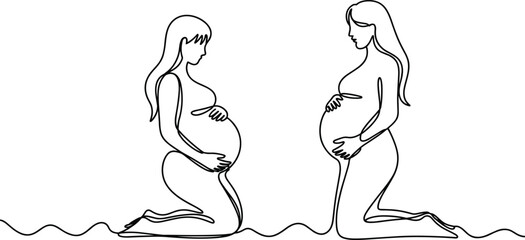 Continuous Line Art Drawing of Two Pregnant Women Kneeling, Symbolizing Motherhood, Family, and Fertility, Single Line Minimalist Black and White Vector Illustration