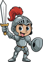 Cute Cartoon Child Knight Mascot Vector Illustration, Wearing Medieval Armor, Holding a Sword and Shield, Ideal for Kids Games, Fantasy Themes, and Medieval History Design