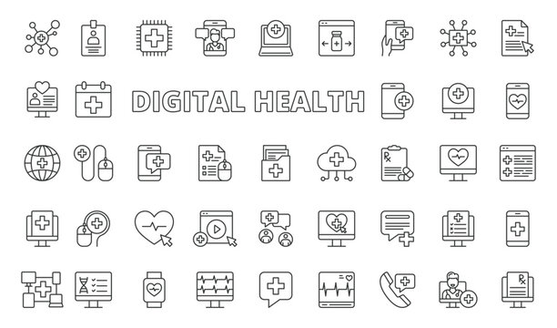 Digital health icons in line design. digital health, telemedicine, remote care, health app, monitoring, data, medical technology on white background vector. Digital health editable stroke icons