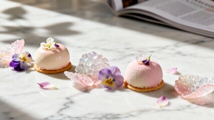 Elegant Mini Mousse Cakes with Edible Flowers and Crystals