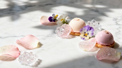 Luxury Dessert Spread with Small Round Cakes and Clear Quartz Decoration
