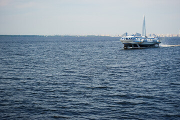 Hydrofoil boat navigating Gulf of Finland in Saint Petersburg