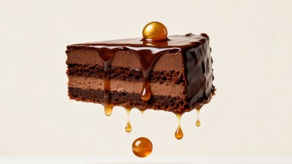 Slice of Chocolate Mousse Cake Floating with Dripping Caramel Sauce