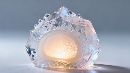 Futuristic Crystal or Geode Dessert with Glowing Center and Ice Frost