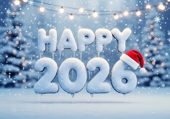 Snowy 2026 New Year Greeting with Santa Hat and Bokeh Lights