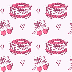 Seamless pink Valentine pattern with layered cake, cherry bow clusters, and hand-drawn hearts, perfect for romantic wrapping paper, fabric, party decor, and sweet bakery branding.