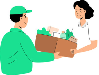 Courier Delivers Package to Customer Vector Illustration