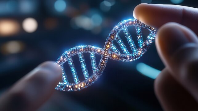 Robotic hand projects a glowing double helix model in a futuristic lab setting showcasing advancements in biotechnology and robotics