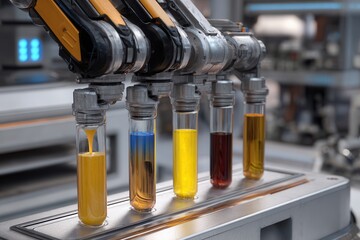 Robotic arms conduct precise tests on test tubes filled with various liquid samples in a sterile biotech laboratory environment