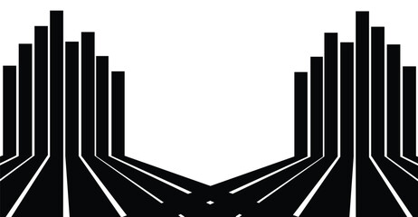 Abstract design featuring parallel lines converging and rising into vertical bars, mirrored.