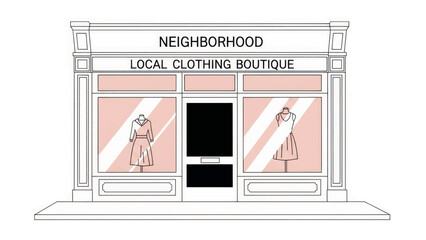 Neighborhood clothing boutique vector illustration. Minimalist line art of a local shop storefront. Small business and fashion retail concept.