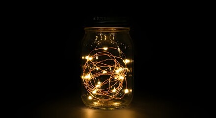 A glass jar filled with warm glowing fairy lights sits against a dark background creating a cozy and magical atmosphere