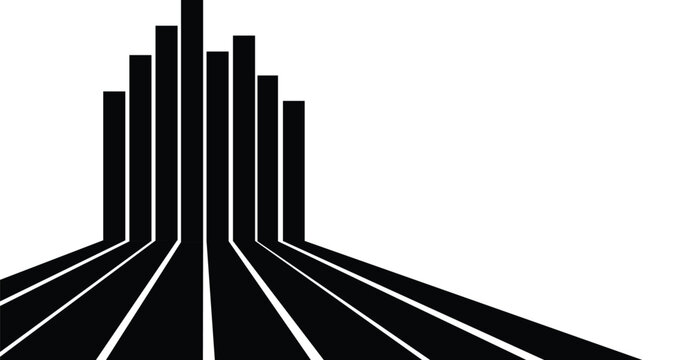 Abstract graphic design featuring black vertical bars rising from converging lines, creating a minimalist cityscape or upward-moving structure on a white background. - Powered by Adobe