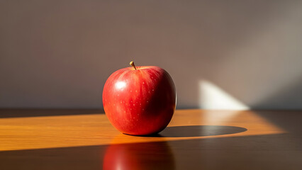 Single red apple bathed in warm sunlight on a wooden surface