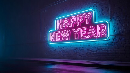 Stunning vibrant pink and blue neon sign proclaiming Happy New Year against a dark, textured brick wall perfect for celebrations