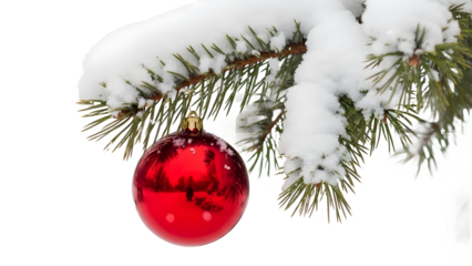 Christmas ornament isolated, red ball on tree on white transparent background . image.