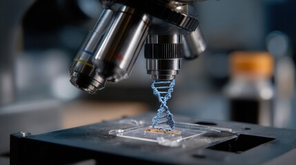 Hologram microscope displaying detailed DNA sequence in laboratory setting during research experiment