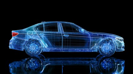 Fototapeta premium Futuristic Blue Car Hologram on Black Reflective Surface in Studio Lighting