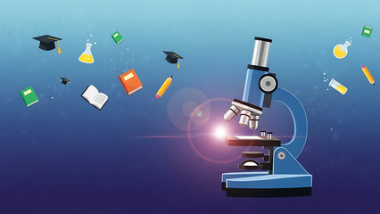 Microscope and floating graduation caps books and beakers symbolizing science education