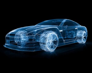 Fototapeta premium Futuristic Blue Car Wireframe on Black Background Technology Design