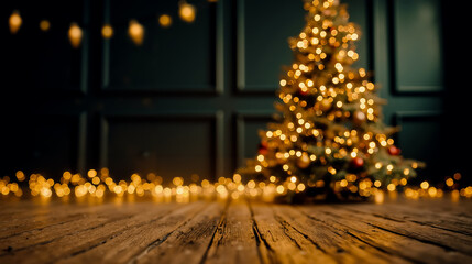 A Christmas tree with lights on a wooden floor