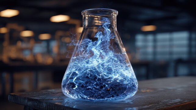 A clear glass beaker containing swirling blue chemical reaction - Powered by Adobe