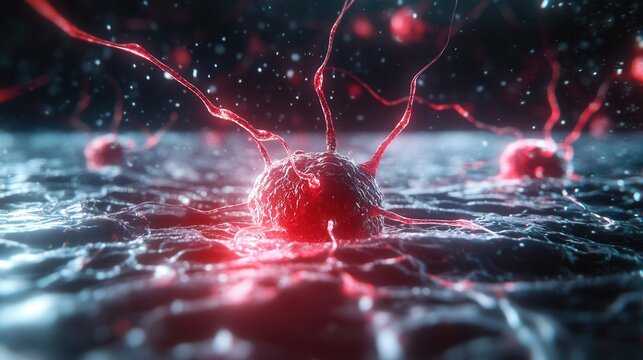 Nanobots engaging in repair work on human cells in a detailed and realistic portrayal of microscopic biology - Powered by Adobe