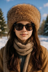Young woman in winter fur hat and sunglasses, in sunny day poses outdoors in the snow