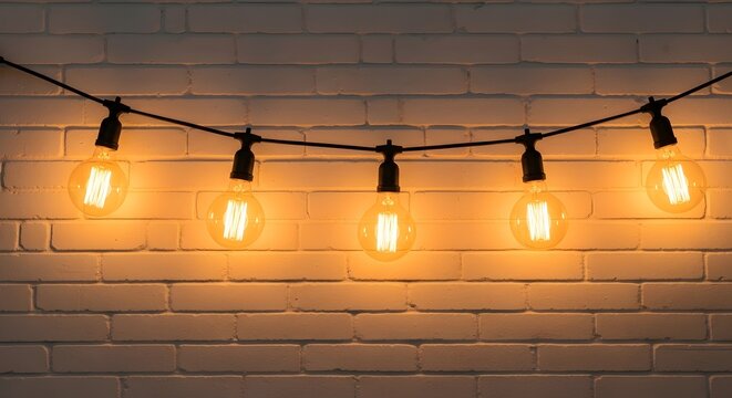 String lights illuminate a white brick wall creating a warm and inviting ambiance for festive occasions - Powered by Adobe