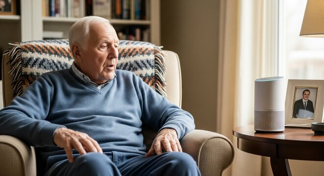 Elderly man with Parkinson&rsquo;s using a voice-activated smart home assistant device