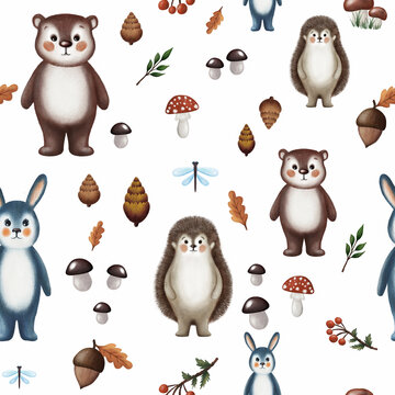 Cute forest animals and elements, Autumn season seamless pattern for children, a bear, a rabbit, a hedgehog i in the woods, fall pattern, cute woodland background