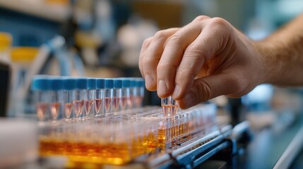 Hand adjusts pipetting robot tray for precise liquid handling in a laboratory setting during a scientific experiment or analysis