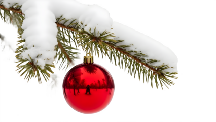isolated Christmas red ball on a tree whit snow on white background PNG image.