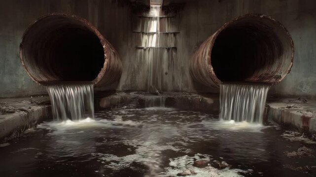 Symmetrical View of Two Large Pipes Releasing Water in a Dark Environment With Hints of Green and Grey Tone Color