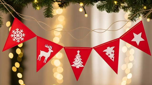 Red christmas bunting with festive white icons and fairy lights