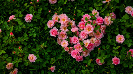 A heart-shaped arrangement of pink roses