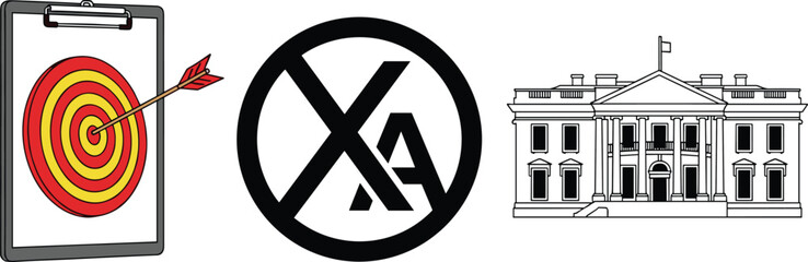 Target illustration with arrow, abstract crossed-letter symbol, architectural government building artwork, accuracy goal concept and landmark structure design elements