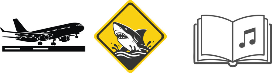 Airplane landing silhouette, shark warning sign illustration, open book with music note icon, mixed themed graphic artwork collection